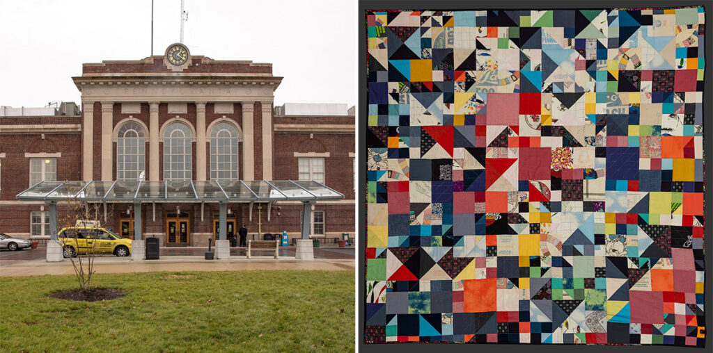 Image of the Lancaster station and a colorful quilt